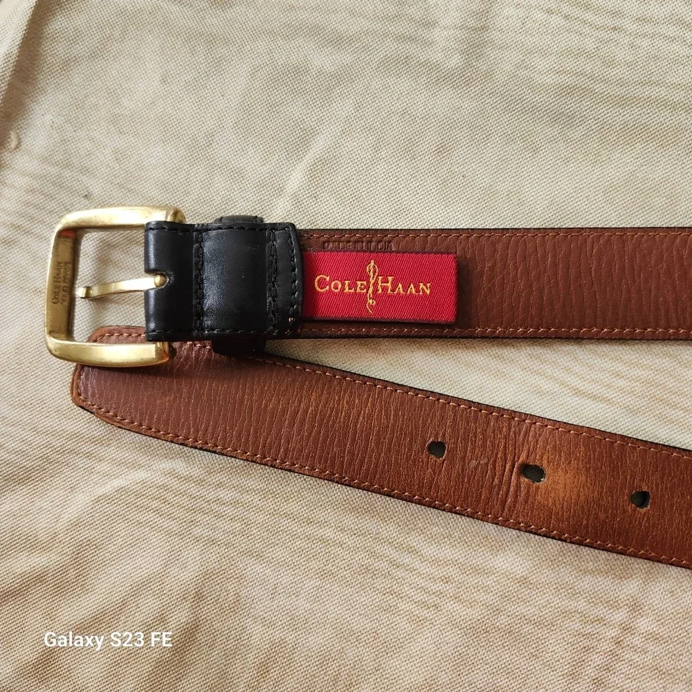 Cole Haan Leather Belt Mens 34 Black Brass Buckle Classic Dress Business Casual